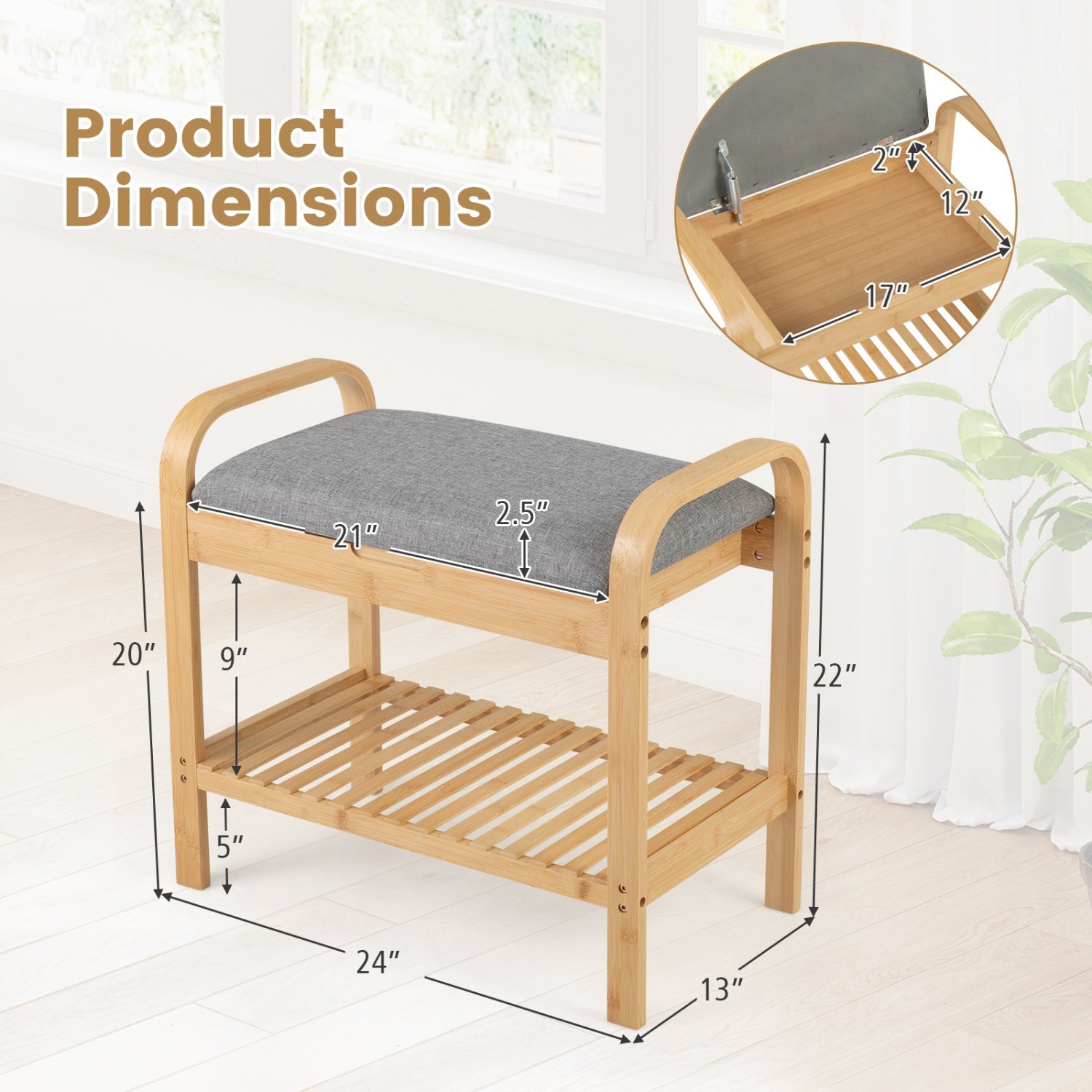 2-Tier Shoe Rack Bench with Flip-Top Storage-Natural