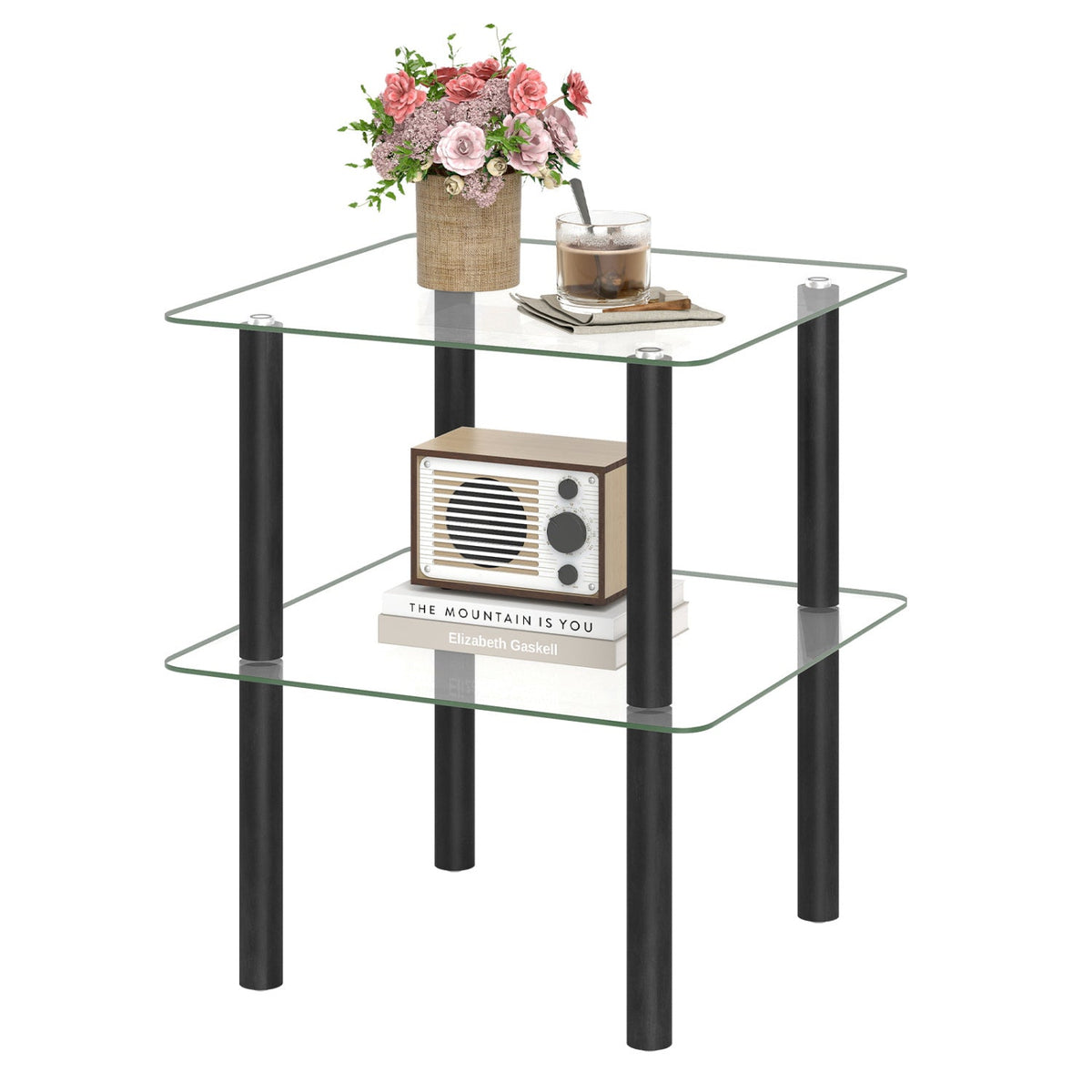 Square End Table with Tempered Glass Top and Shelf