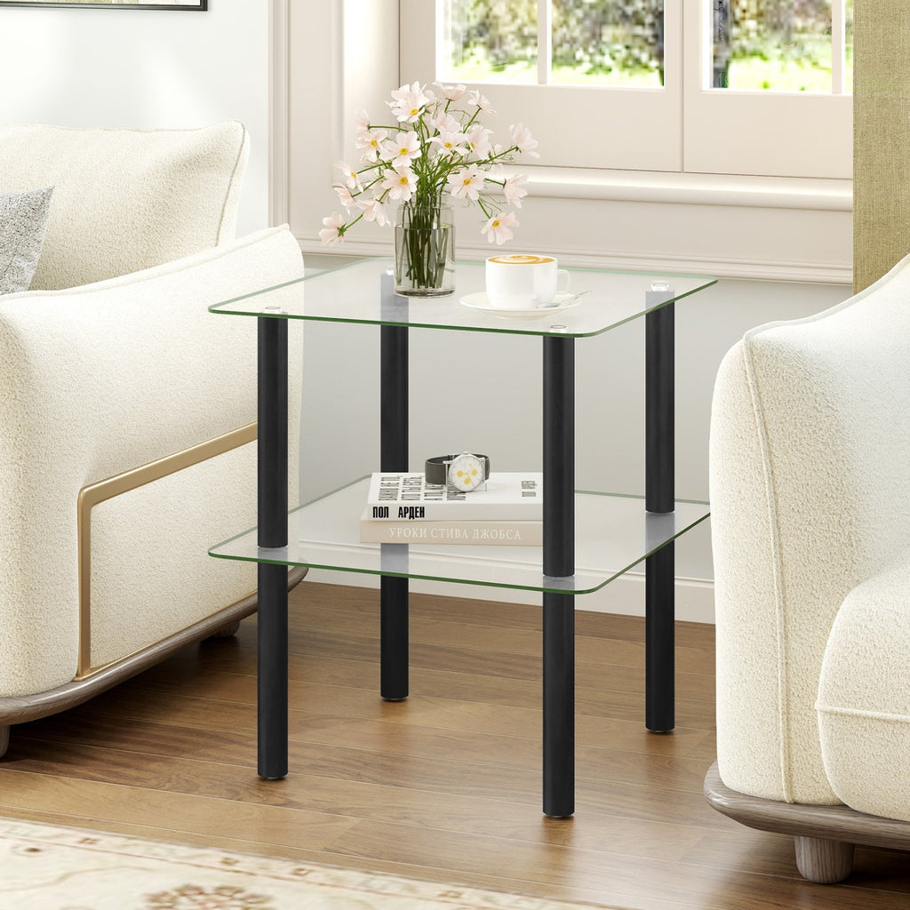 Square End Table with Tempered Glass Top and Shelf