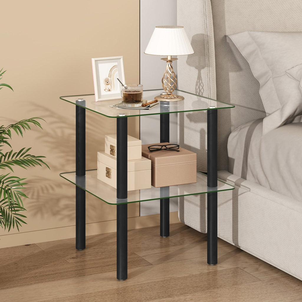 Square End Table with Tempered Glass Top and Shelf
