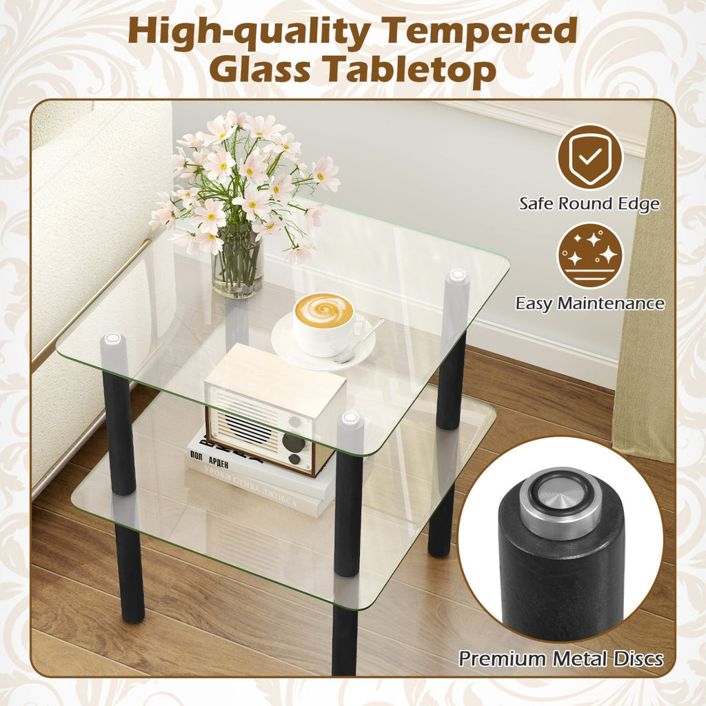 Square End Table with Tempered Glass Top and Shelf