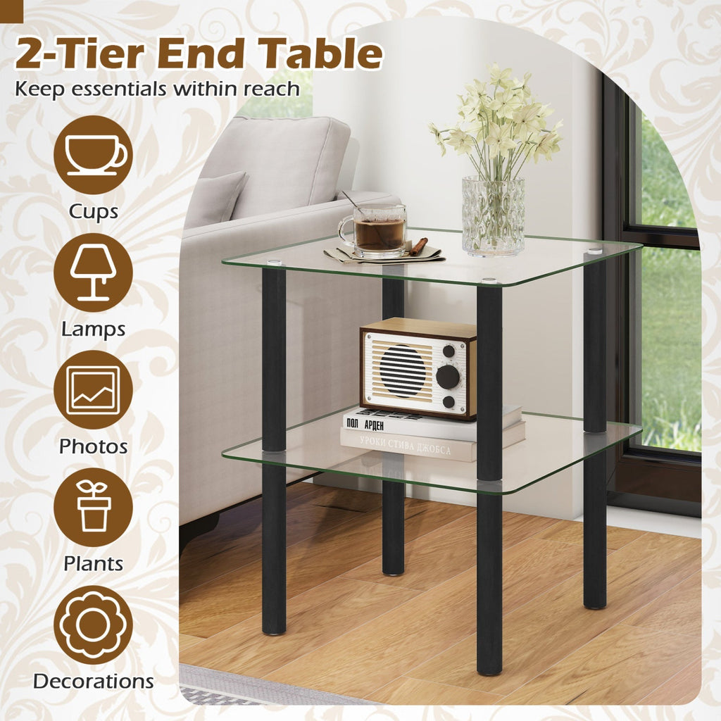 Square End Table with Tempered Glass Top and Shelf