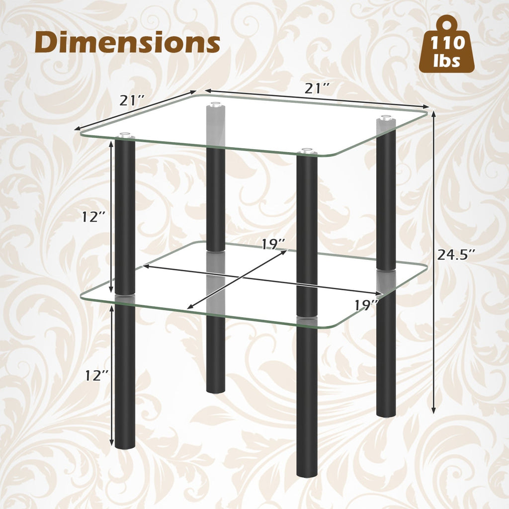 Square End Table with Tempered Glass Top and Shelf