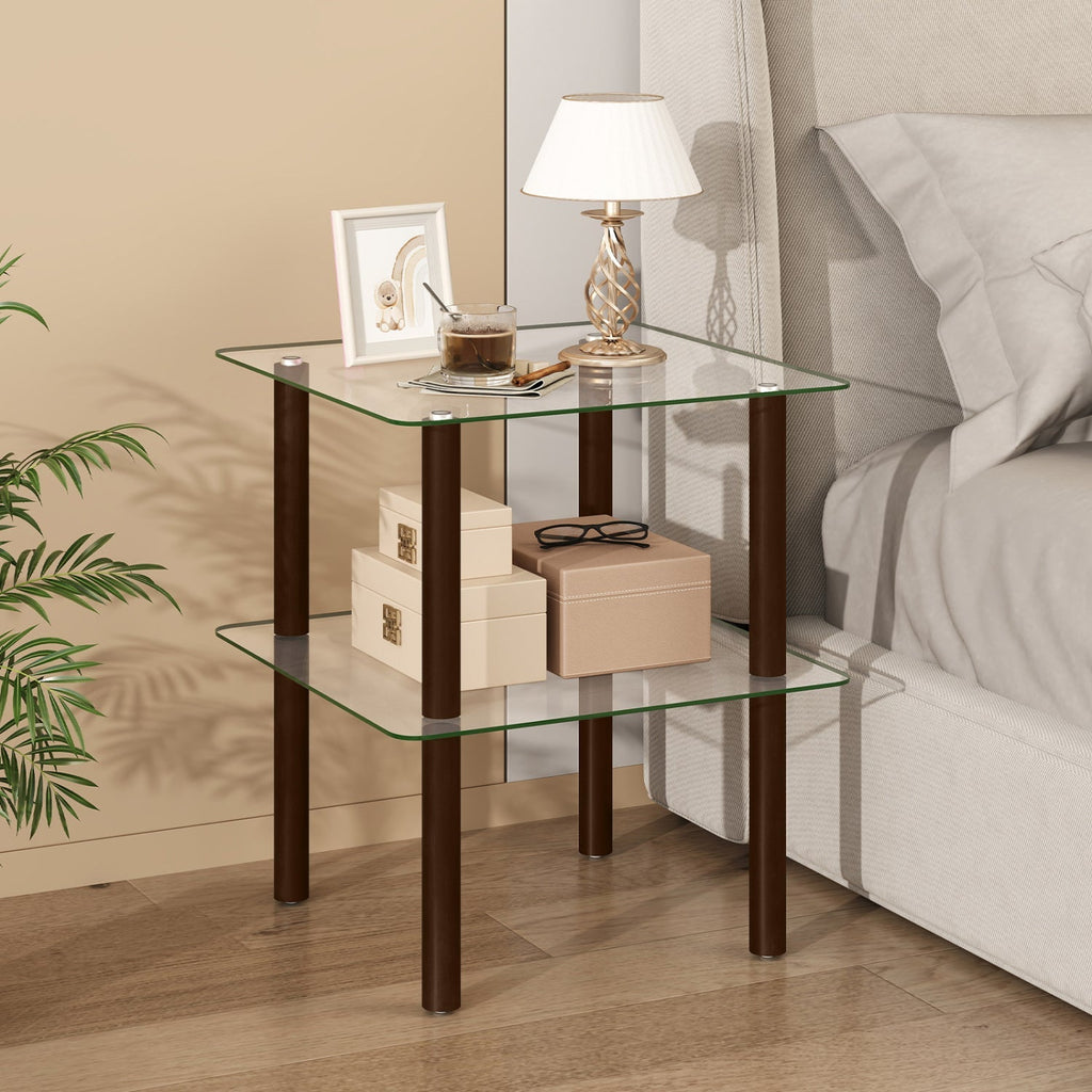 Square End Table with Tempered Glass Top and Shelf