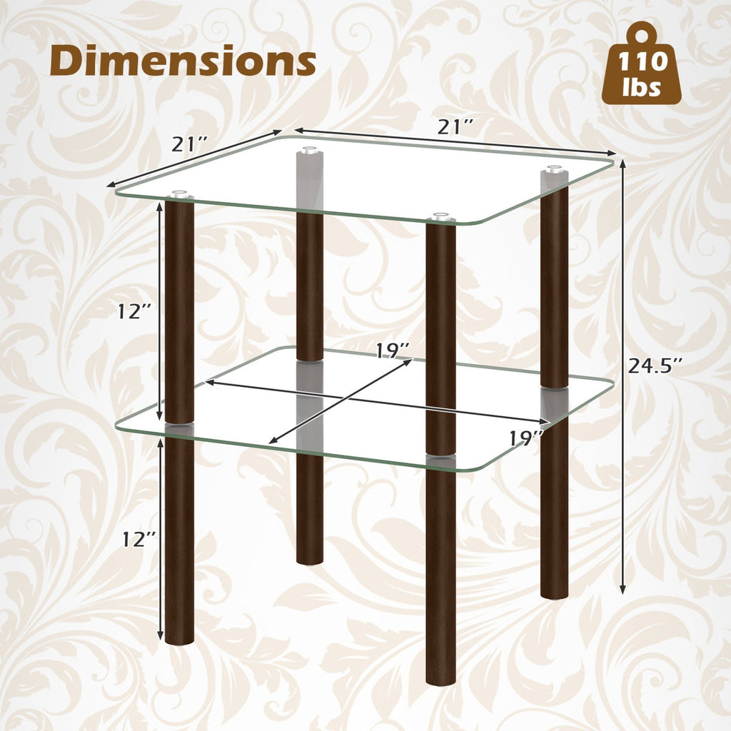 Square End Table with Tempered Glass Top and Shelf