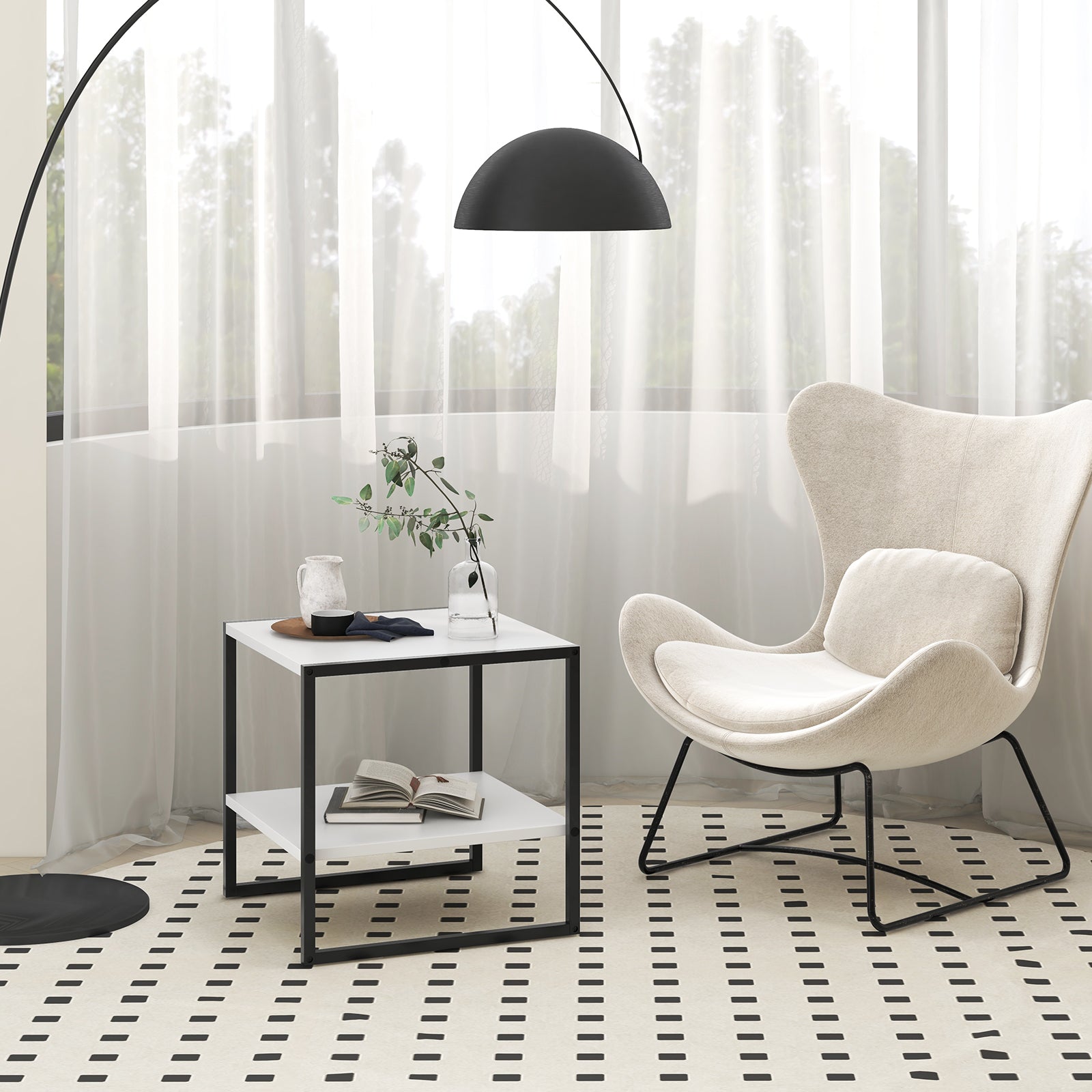 2-Tier Square End Table with Storage Shelf Reversible Design-White