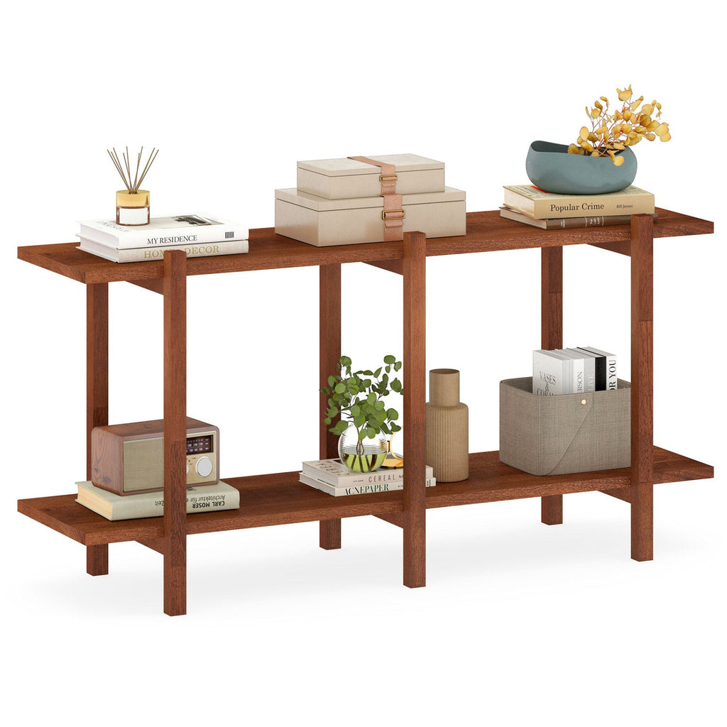 2-Tier Wood Bookshelf Low Horizontal Rubberwood Bookcase for Display-Walnut