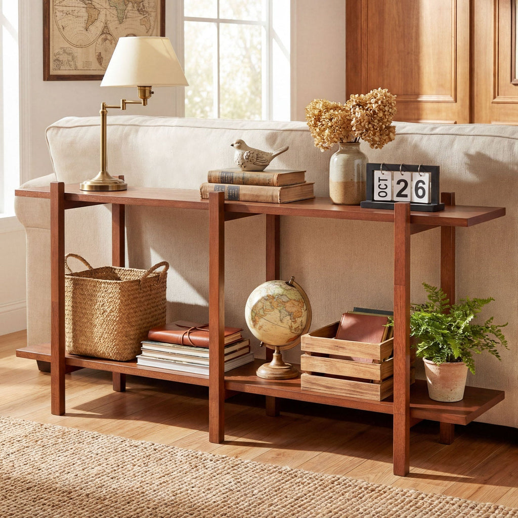 2-Tier Wood Bookshelf Low Horizontal Rubberwood Bookcase for Display-Walnut