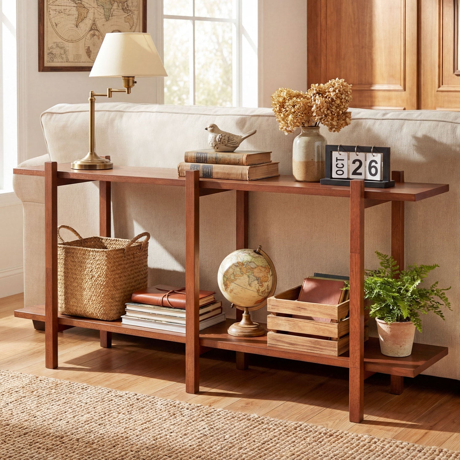 2-Tier Wood Bookshelf Low Horizontal Rubberwood Bookcase for Display-Walnut