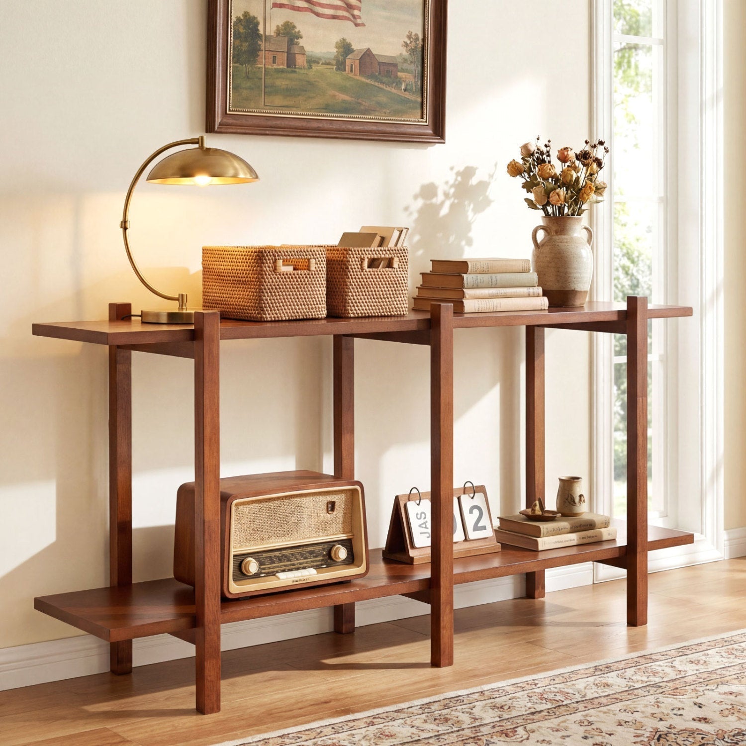 2-Tier Wood Bookshelf Low Horizontal Rubberwood Bookcase for Display-Walnut
