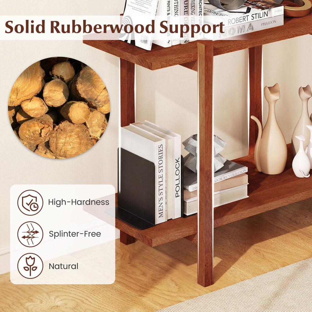 2-Tier Wood Bookshelf Low Horizontal Rubberwood Bookcase for Display-Walnut