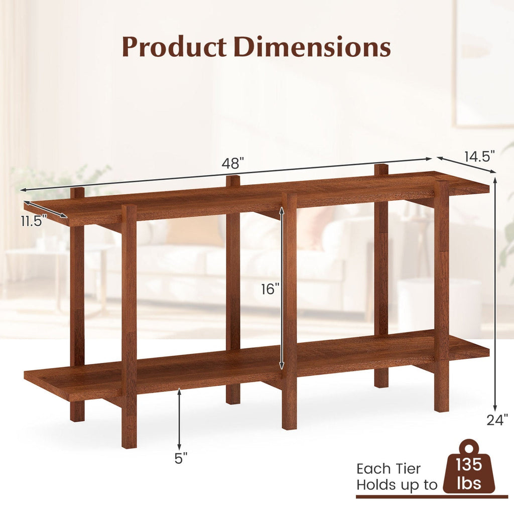 2-Tier Wood Bookshelf Low Horizontal Rubberwood Bookcase for Display-Walnut
