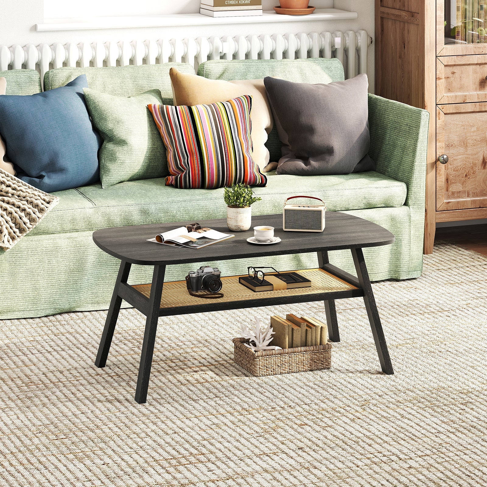 2-Tier Rectangular Center Coffee Table with Rattan Storage Shelf and Rubber Wood Legs-Dark Gray