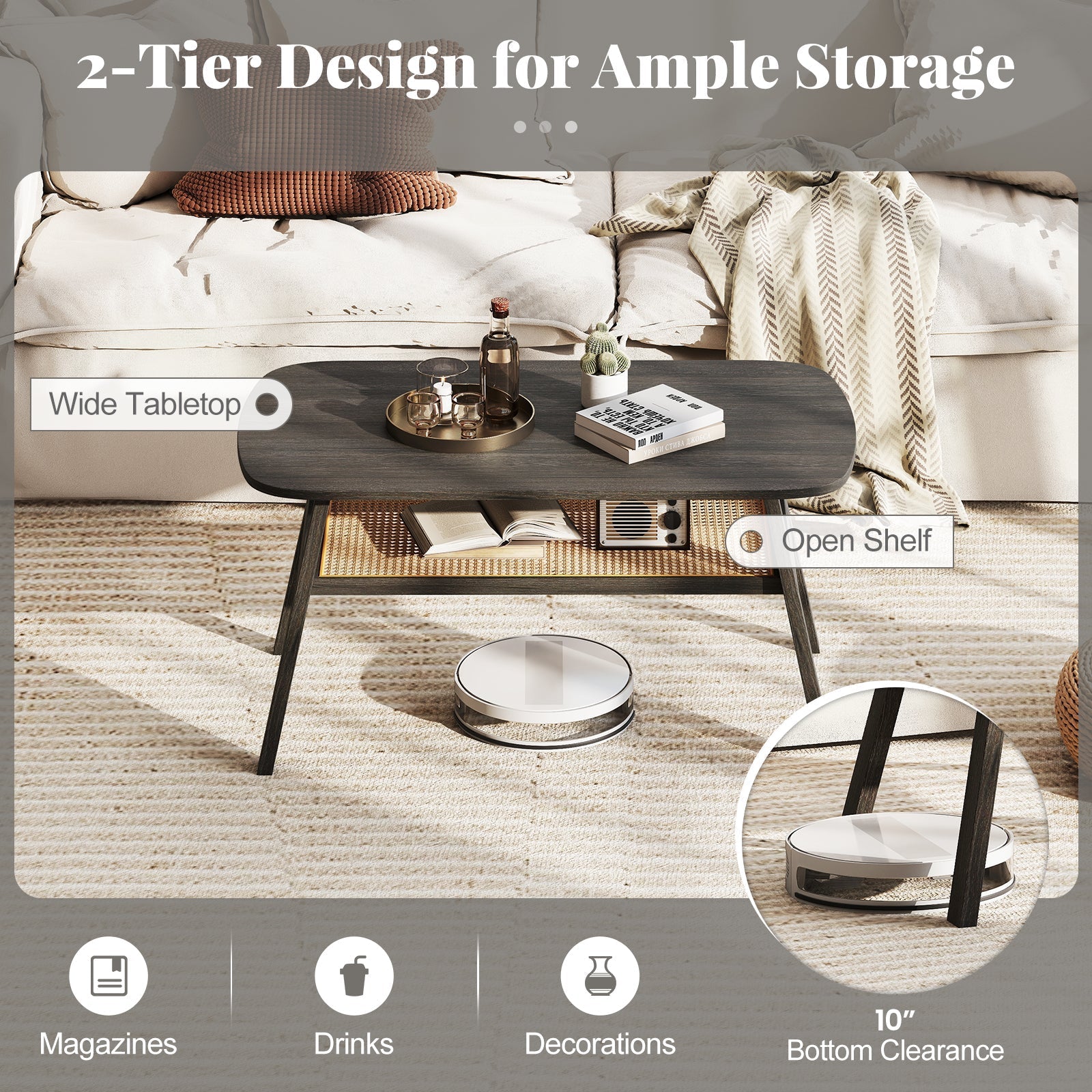 2-Tier Rectangular Center Coffee Table with Rattan Storage Shelf and Rubber Wood Legs-Dark Gray