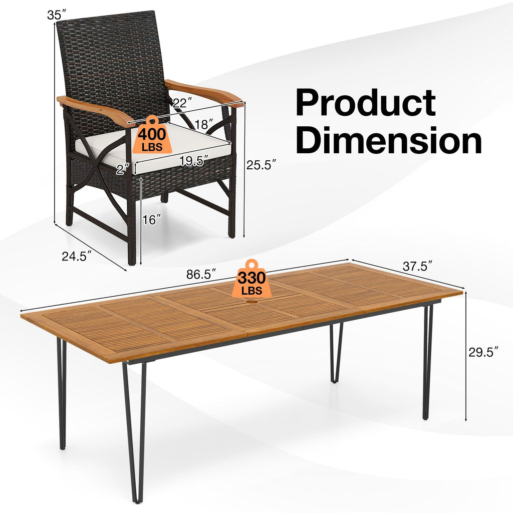 Wicker Patio Furniture Set of 8 Armchairs with Soft Cushions and Acacia Wood Square Table