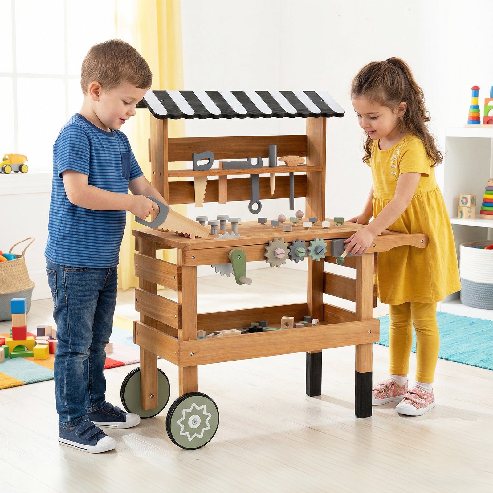 2-in-1 Kids Rolling Cart with Play Tools Set for Construction Play-Brown