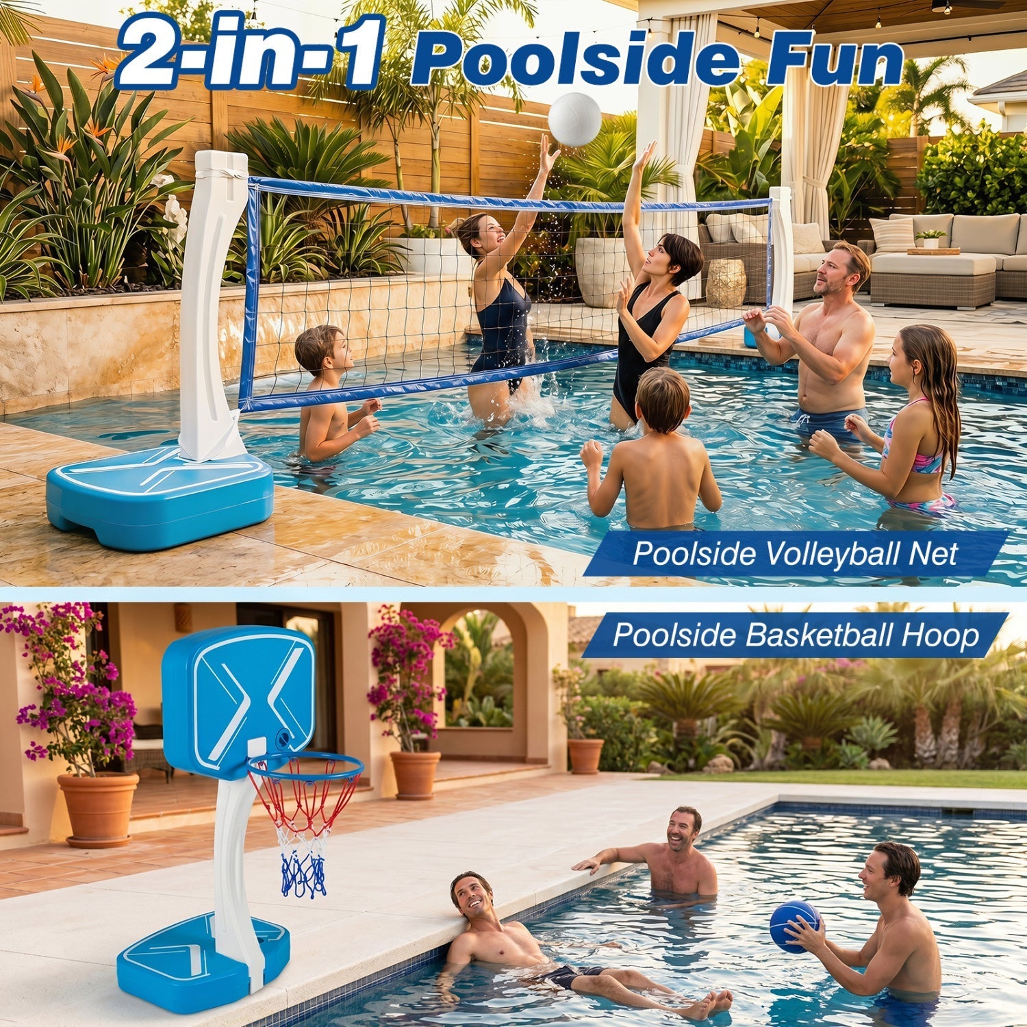 2-in-1 Pool Basketball Hoop & Volleyball Net with Weighted Base