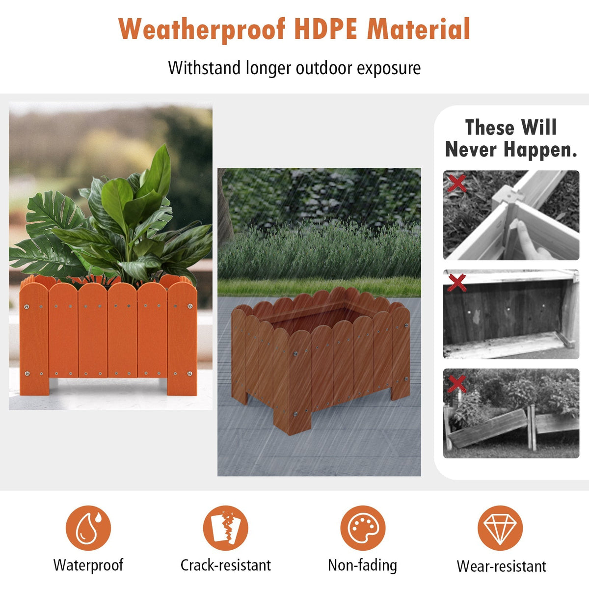 2 Pack Rectangular Planter Box with Drainage Gaps for Front Porch Garden Balcony