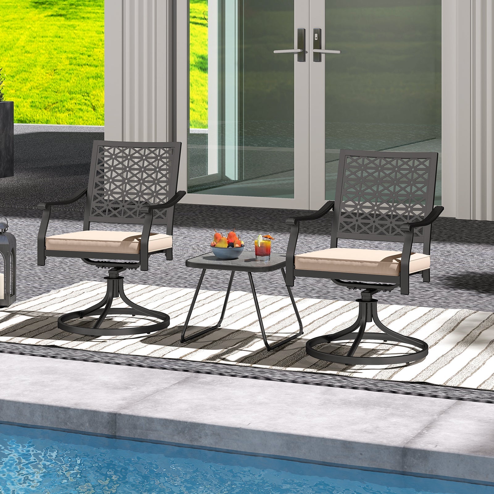 2 Pieces Outdoor Swivel Chairs Patio Dining Chairs with Padded Cushions-Beige