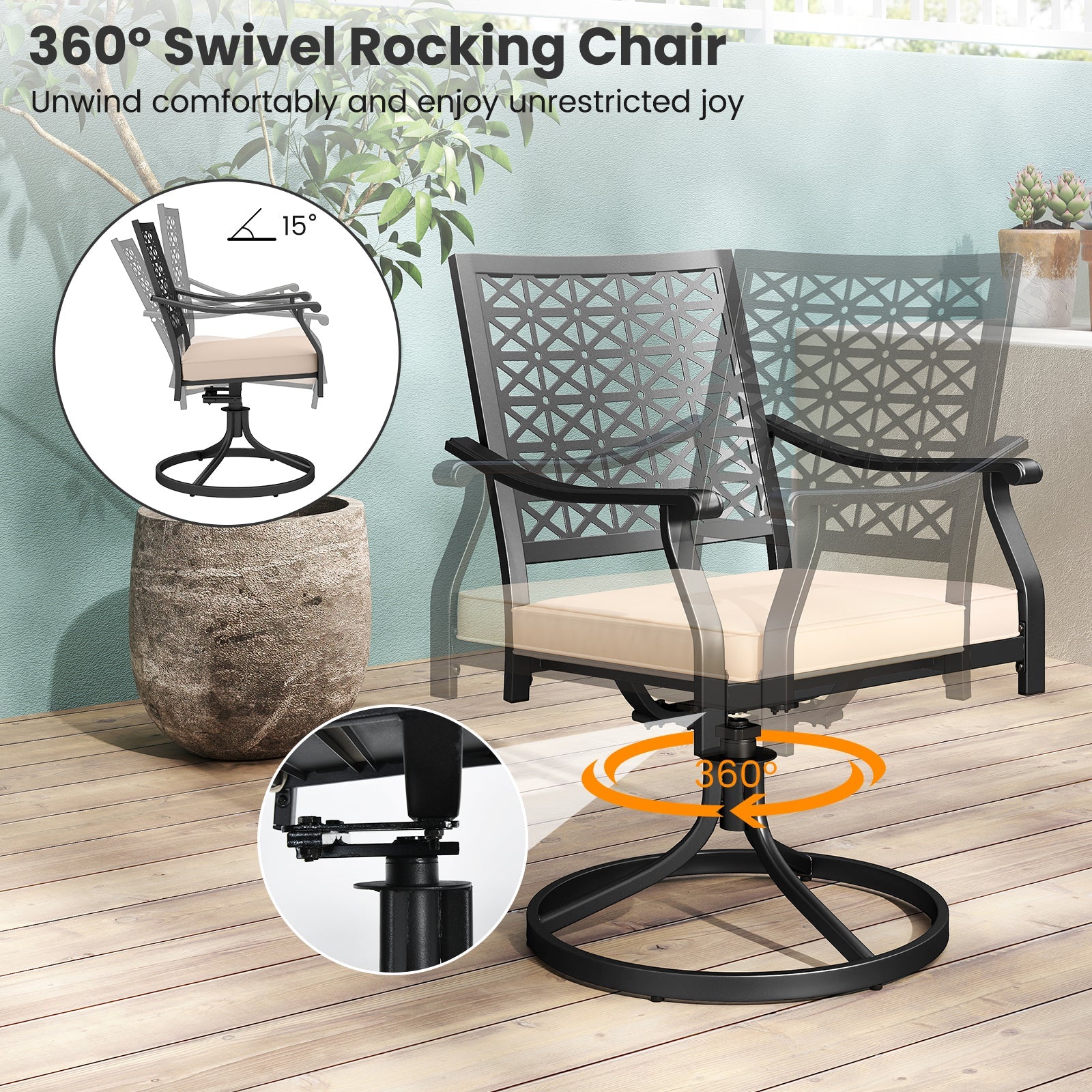 2 Pieces Outdoor Swivel Chairs Patio Dining Chairs with Padded Cushions-Beige