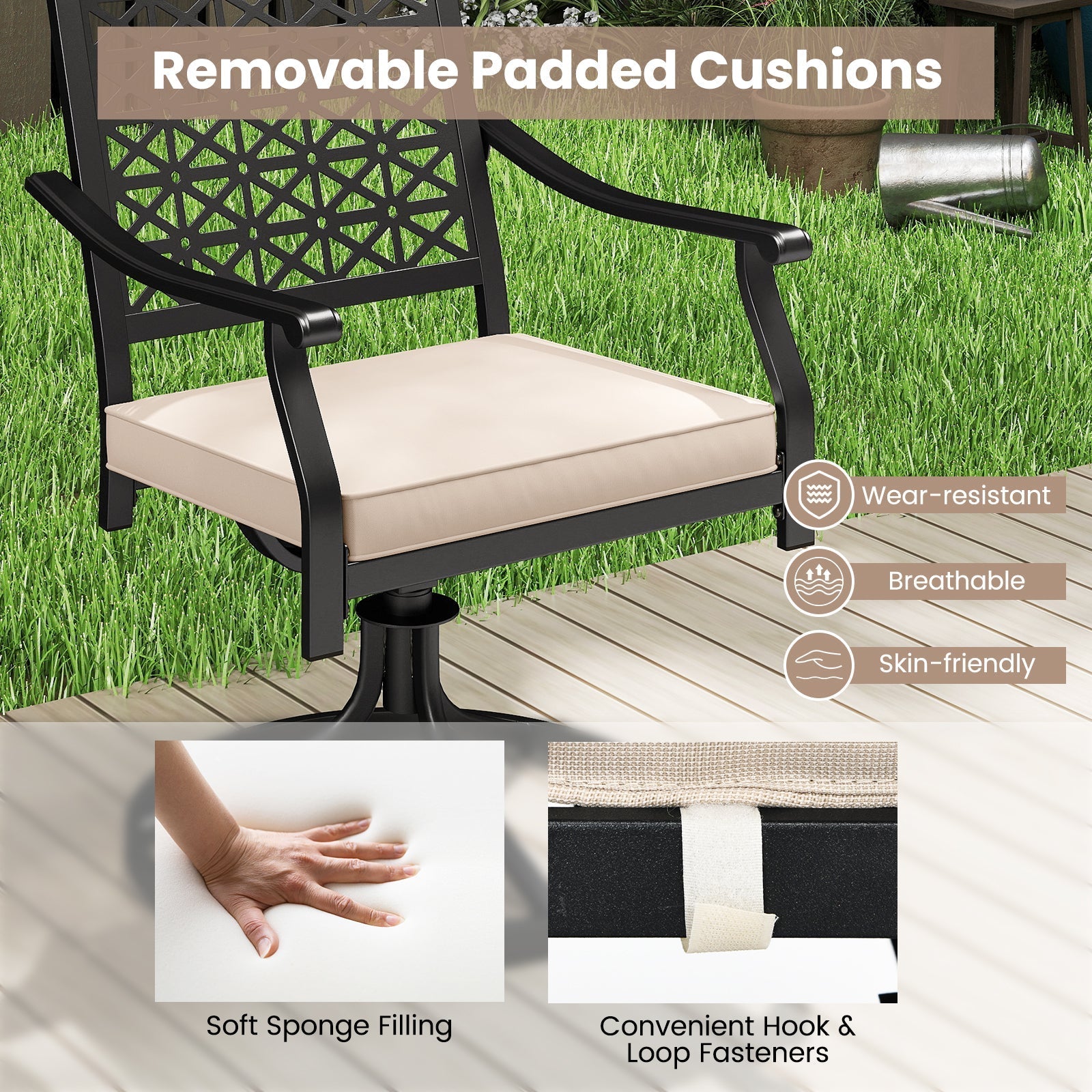 2 Pieces Outdoor Swivel Chairs Patio Dining Chairs with Padded Cushions-Beige