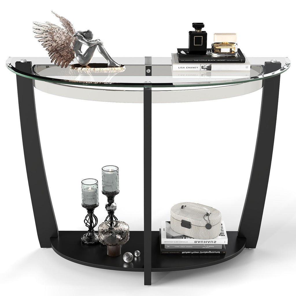 2-tier Tempered Glass Console Table with Clear Glass Top and Open Shelf