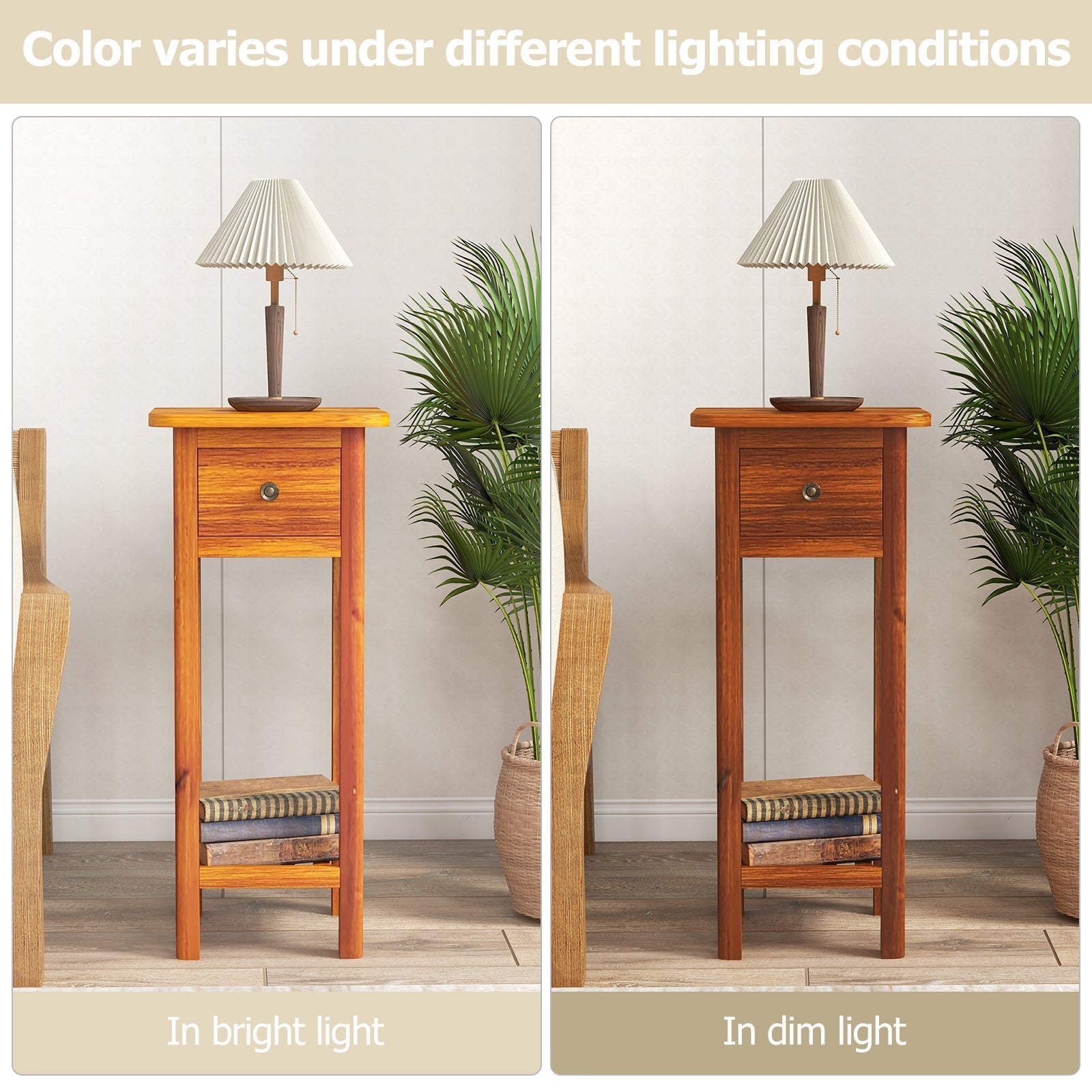 2 Tier Slim Nightstand Bedside Table with Drawer Shelf