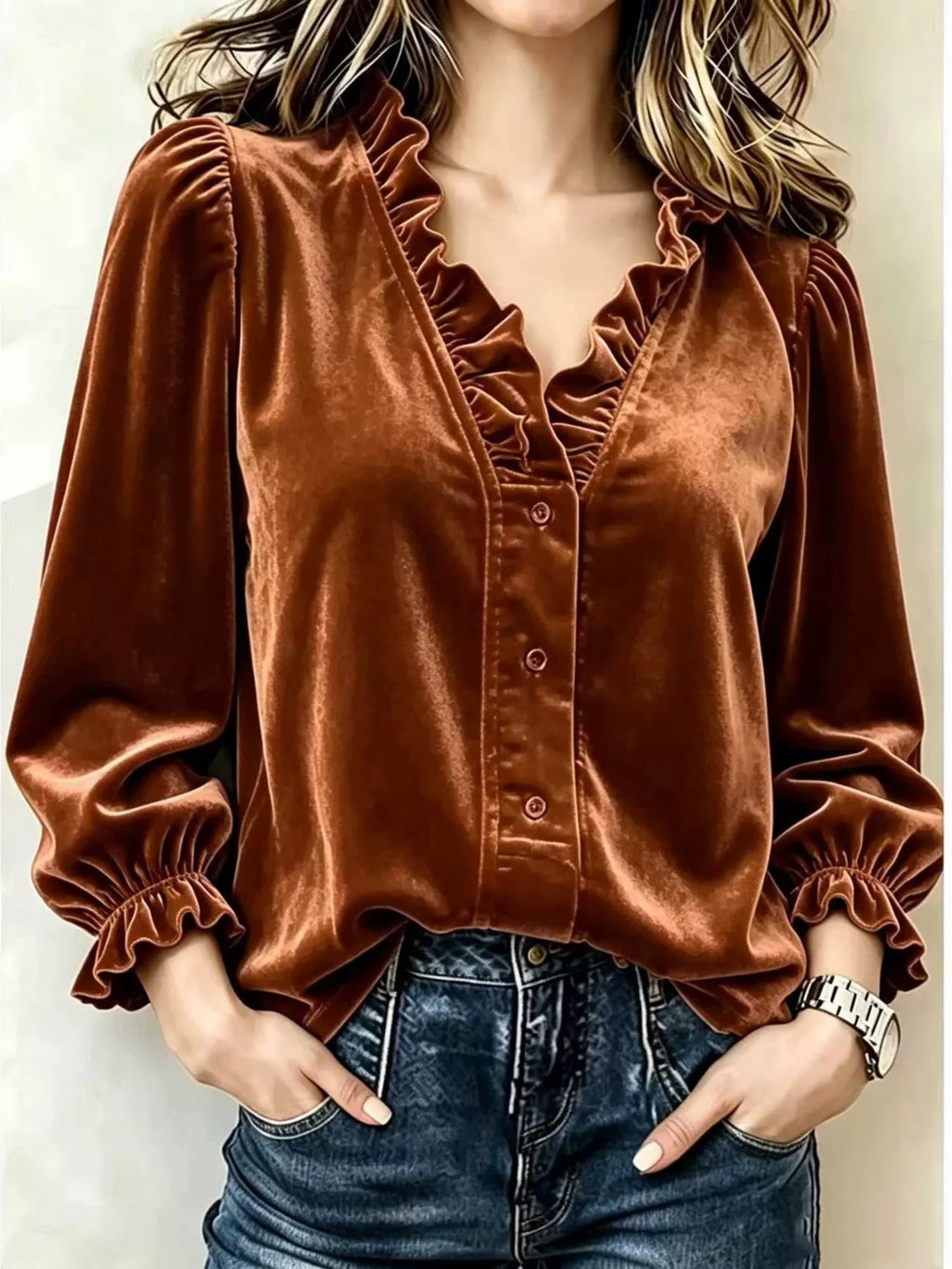 V-Neck Ruffled Velvet Button Down Blouse