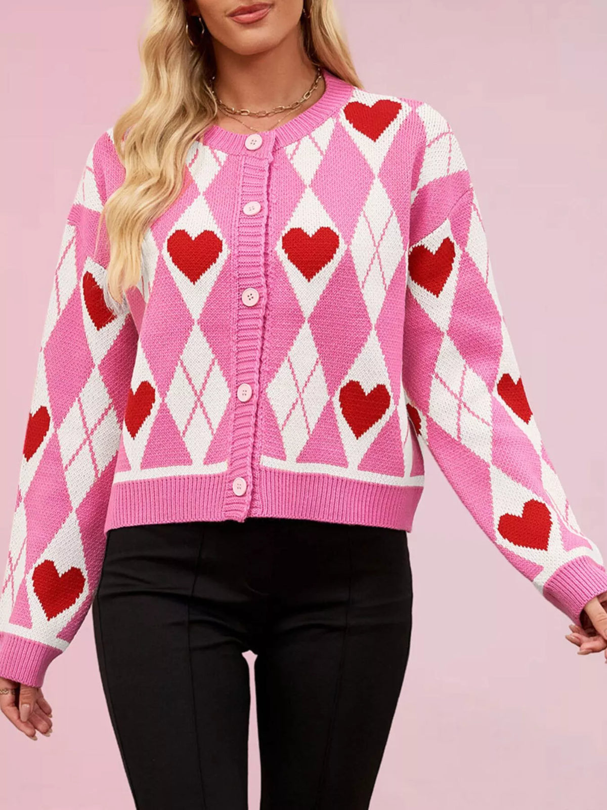 Argyle Heart Pattern Button-Up Knit Cardigan