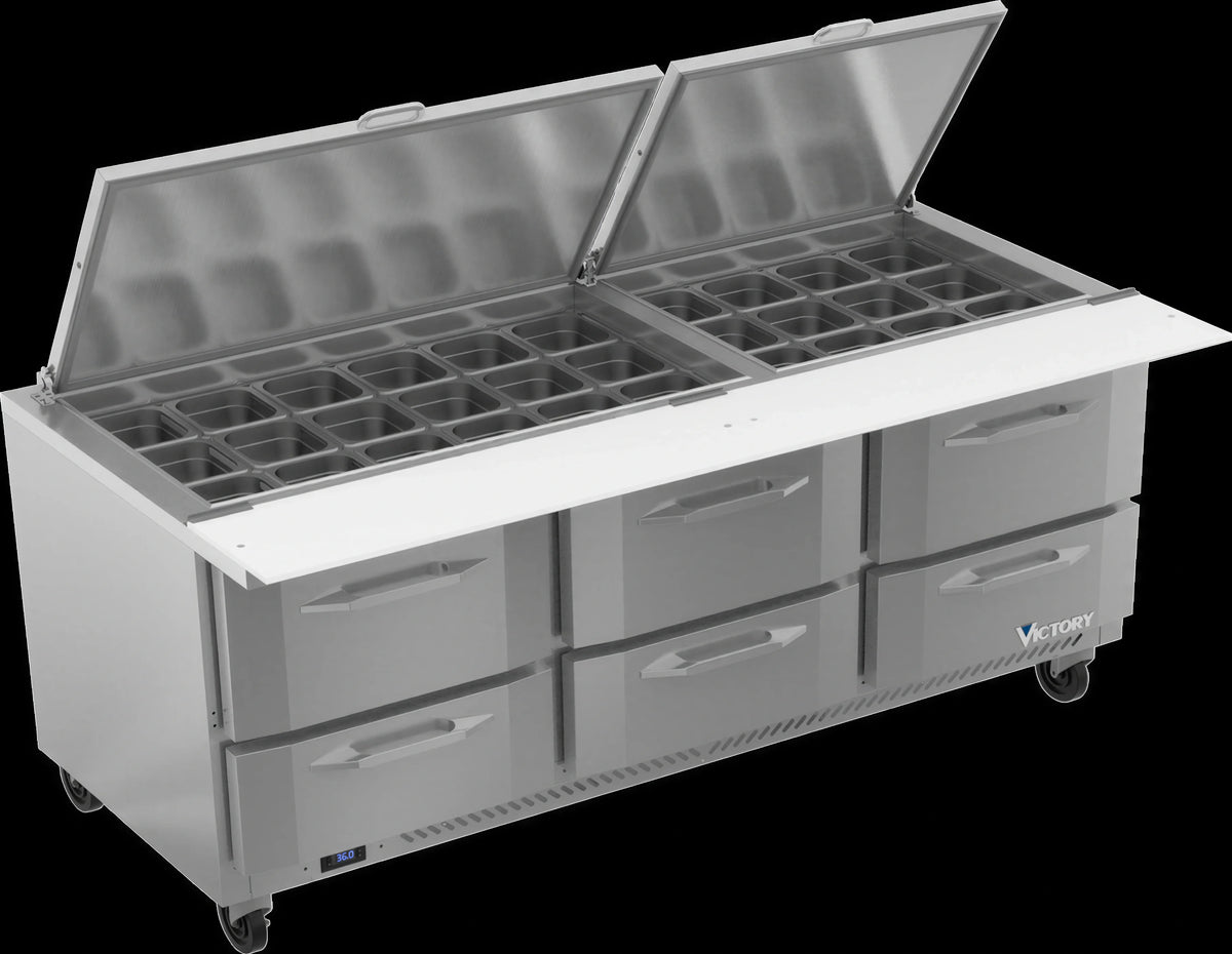 Victory Refrigeration UltraSpec™ VSPD72HC-30B-6 72-Inch Three-Section Sandwich Prep Table, 6 Drawers, 30-Pan Top, Self-Contained R290