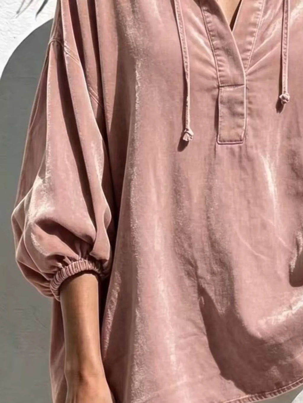 Full Size Oversized Velvet Collared Neck Drawstring Blouse Plus Size