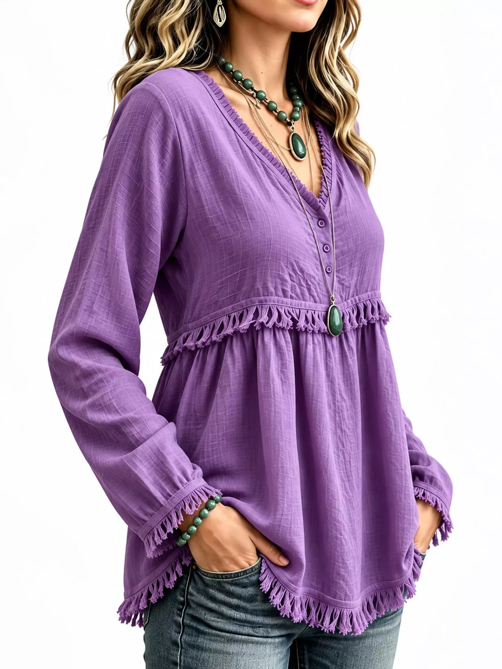Full Size Fringed Trim V-Neck Long Sleeve Blouse Plus Size