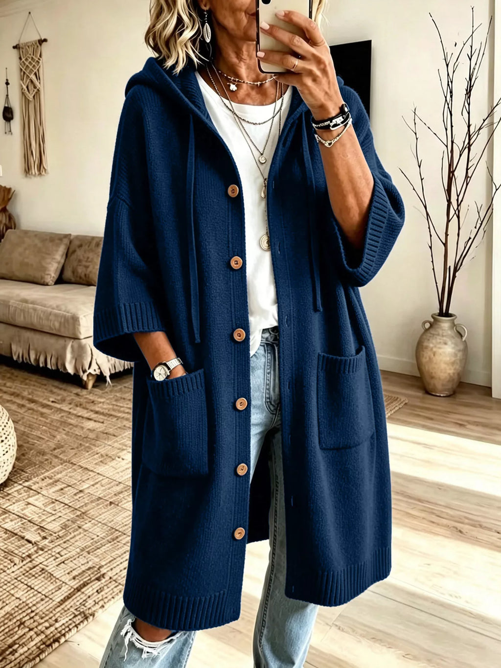 Hooded Button-Down Knit Cardigan with Pockets