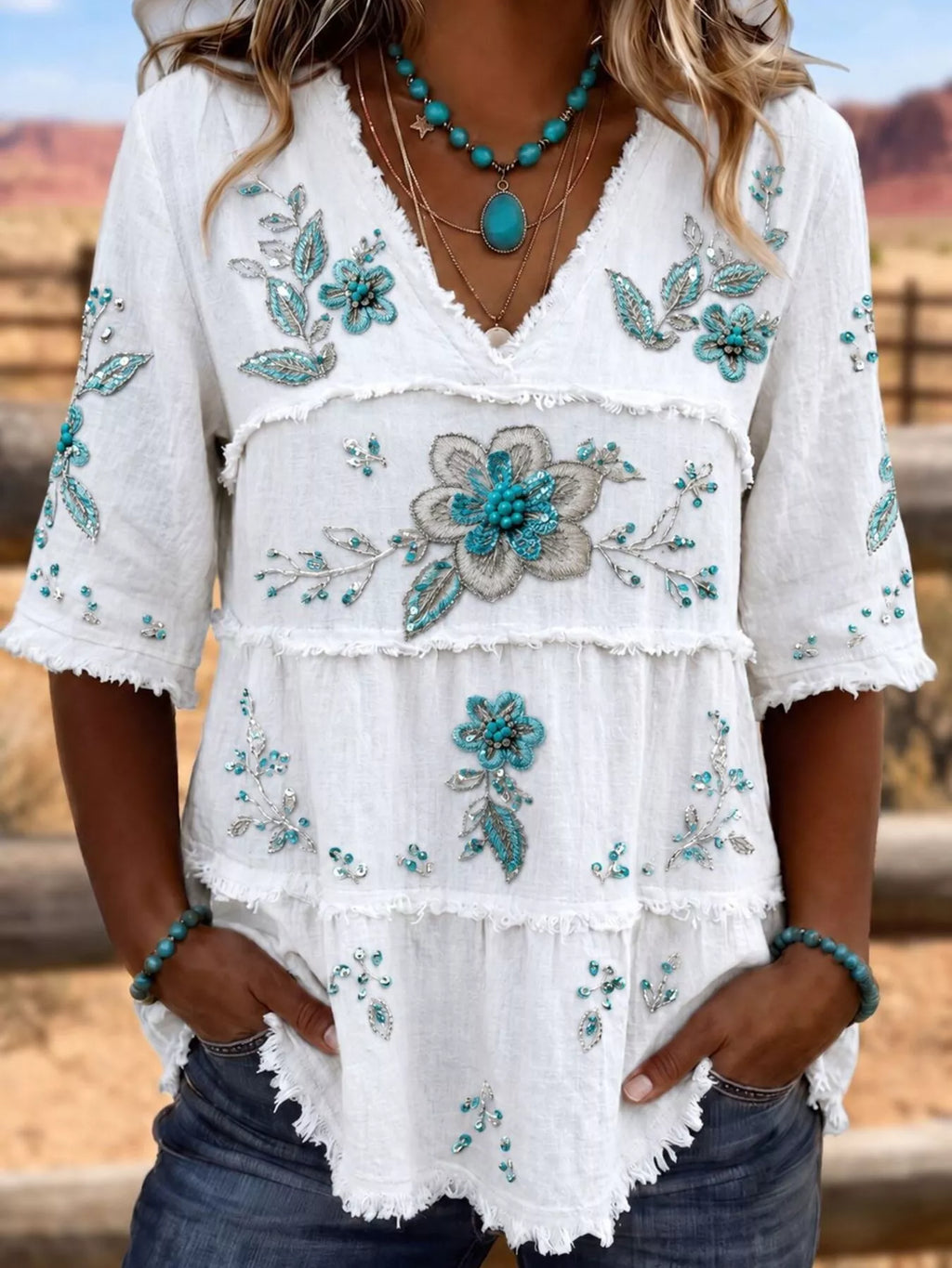 Full Size Floral Raw Hem V-Neck Blouse Plus Size