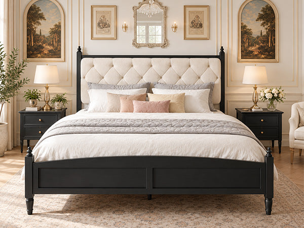 King Size Upholstered Platform Bed Frame with Soft Padded Headboard - Beige and Black
