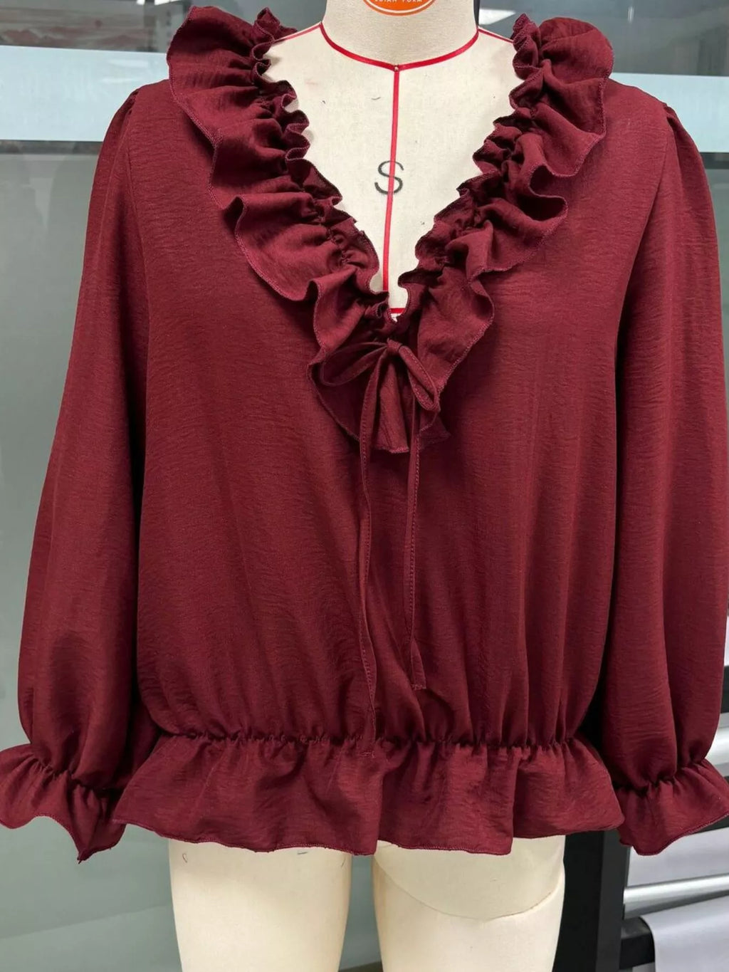 Ruffle V-Neck Long Sleeve Blouse