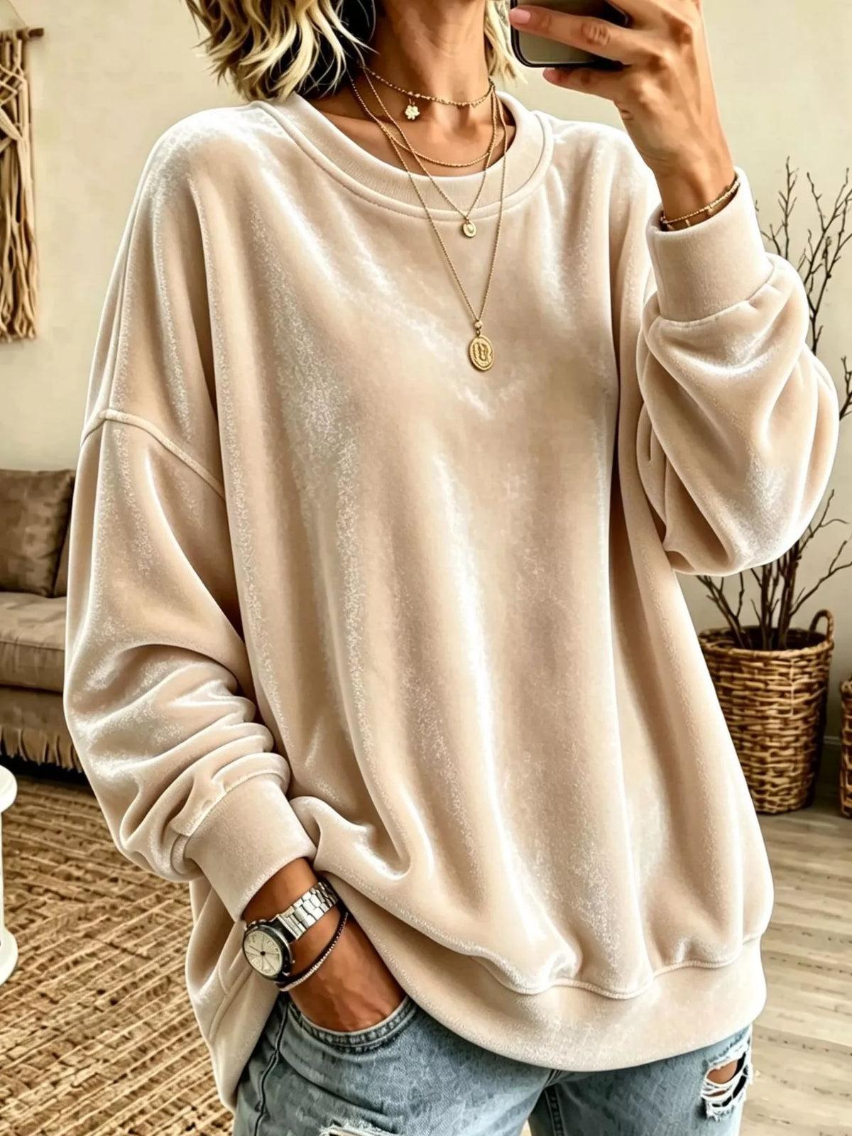 Full Size Loose Fit Velvet Dropped Shoulder Sweatshirt Plus Size