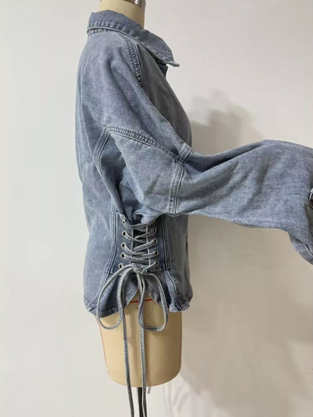 Button Down Lace-Up Side Denim Jacket