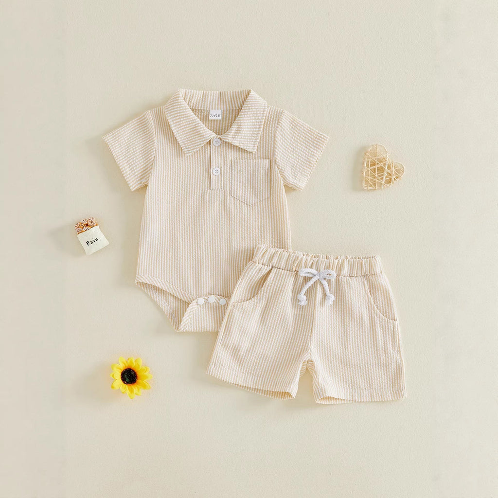 Simple And Casual Waffle-knit Polo-neck Short-sleeve Romper And Shorts Set