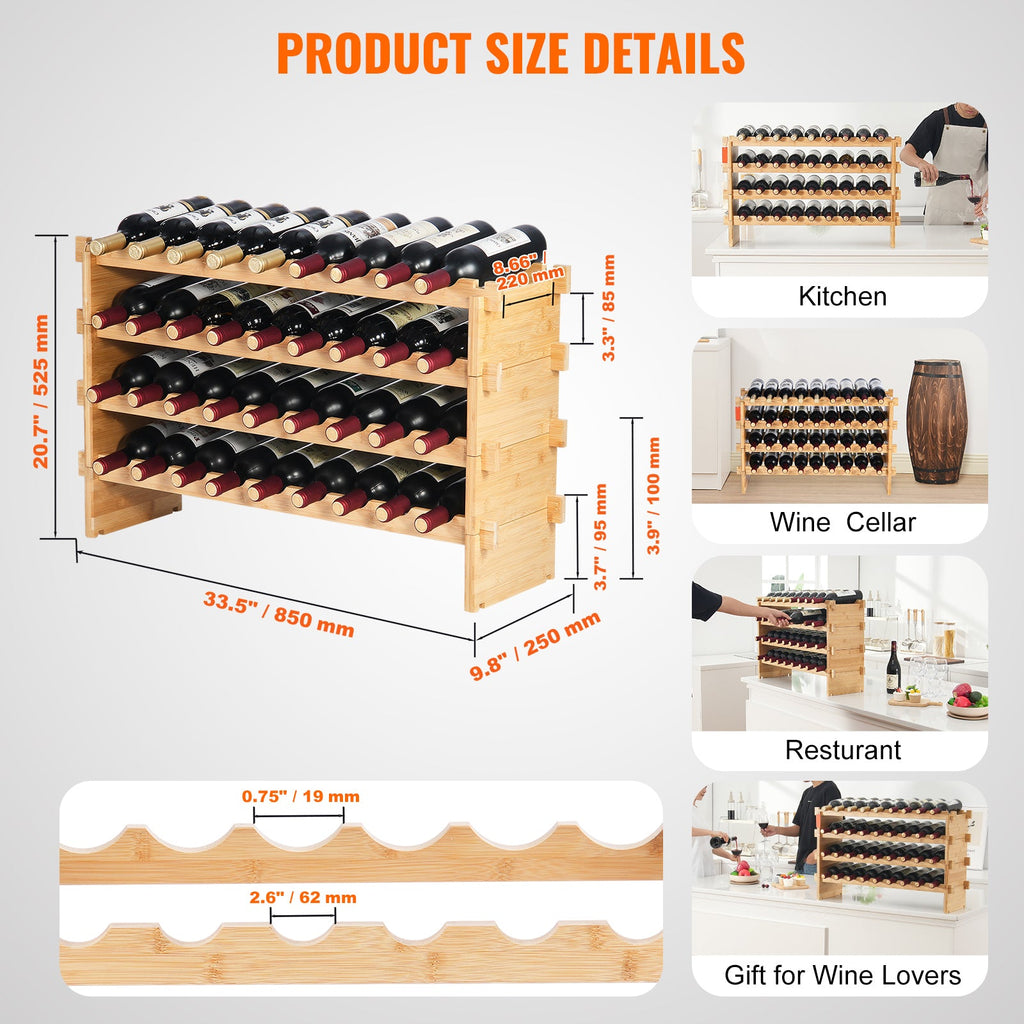 36 Bottle Stackable Modular Wine Rack Bamboo Wood Display Shelf 4-Tier