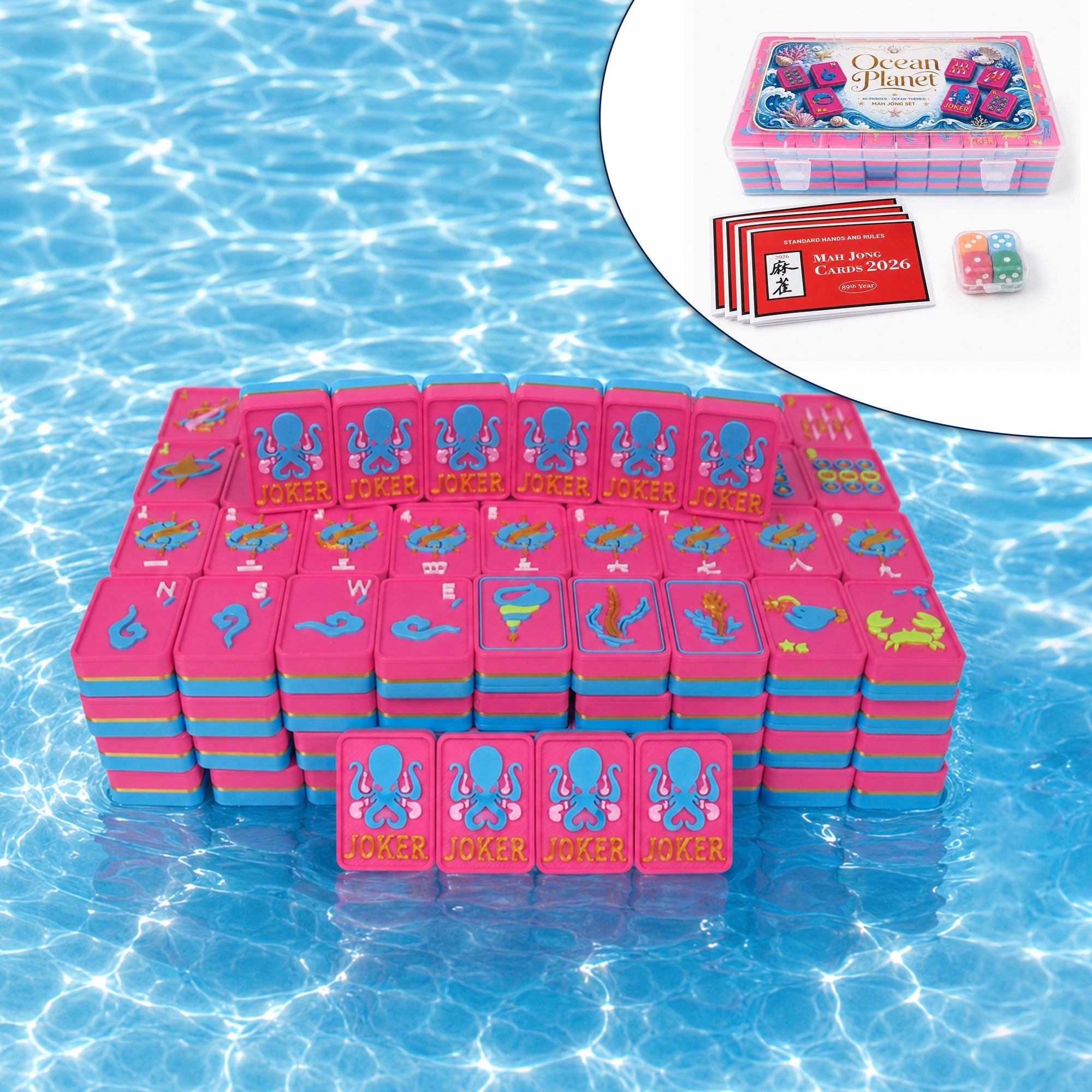 160PCS Floating American Mahjong Set Ocean Theme, Acrylic Mahjong Tiles With Storage Box, Dice And Rule Cards For Pool Party Travel Game Night
