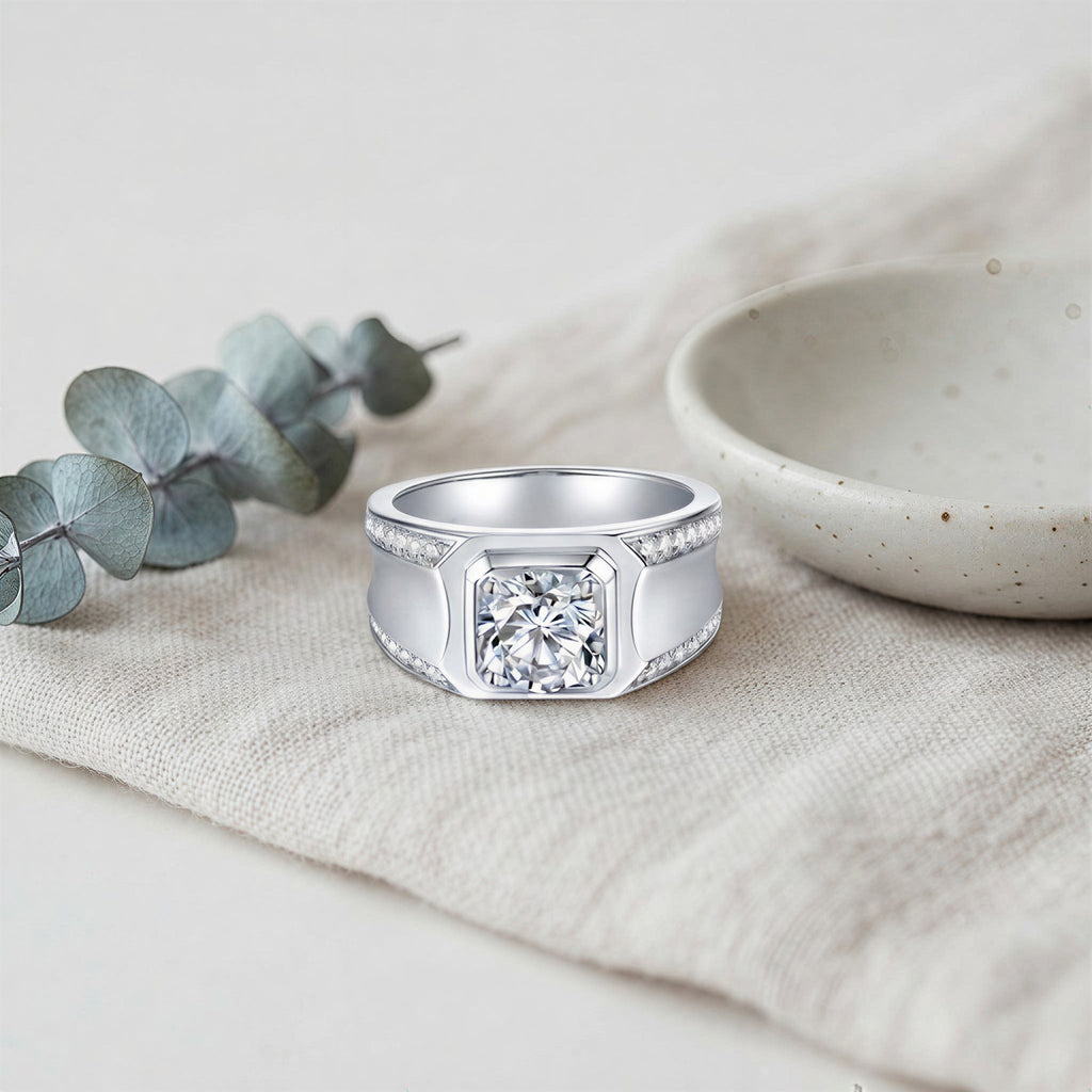 Moissanite Solitaire Ring – 1ct or 2ct Brilliant-Cut White Gold-Plated Sterling Silver Band for Men