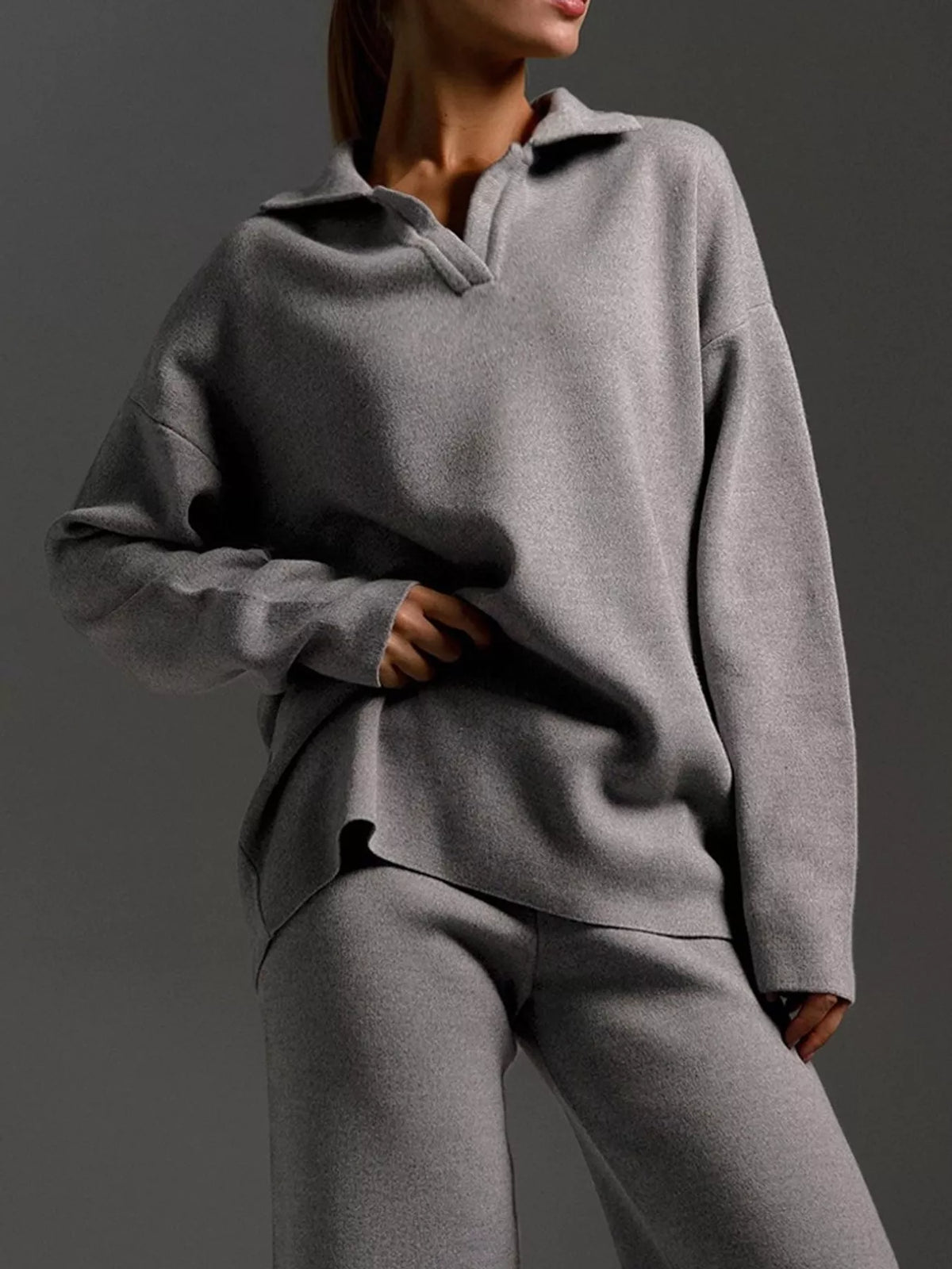 Polo Collar Top and Wide-Leg Pants Set