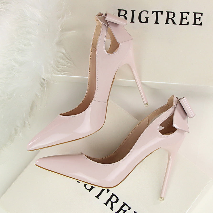Women's Solid Color Cutout Back Bow High Heels See size chart under “more details”