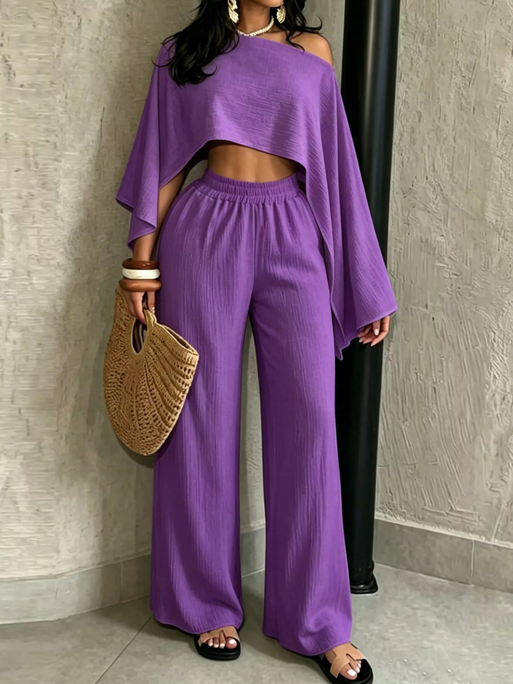 Boat Neck Crop Top and Wide-Leg Pants Set