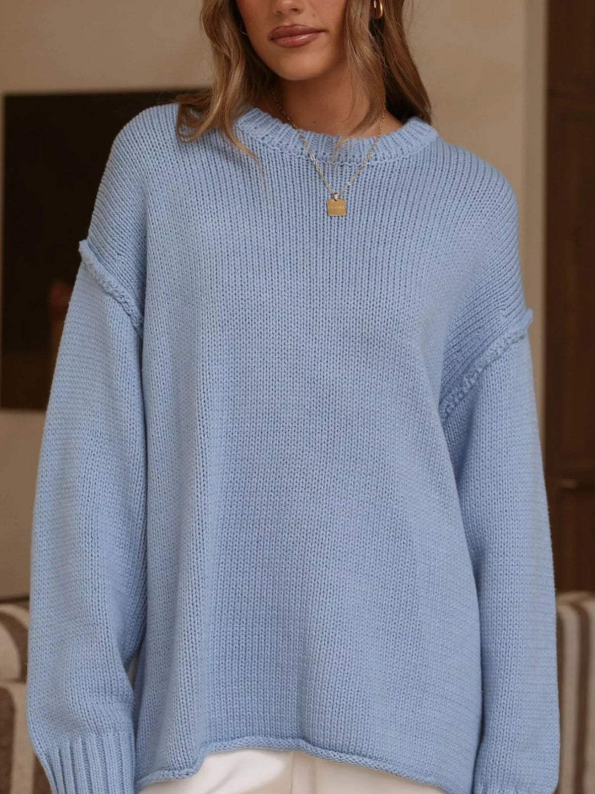 Crew Neck Dropped Shoulder Sweater