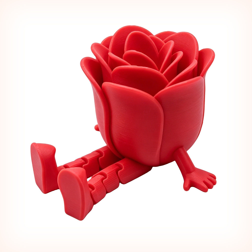 Cute 3D Printed Rose Sitting Figurine, Red Flower Character With Articulated Chunky Legs, Romantic Desk Ornament Gift For Her