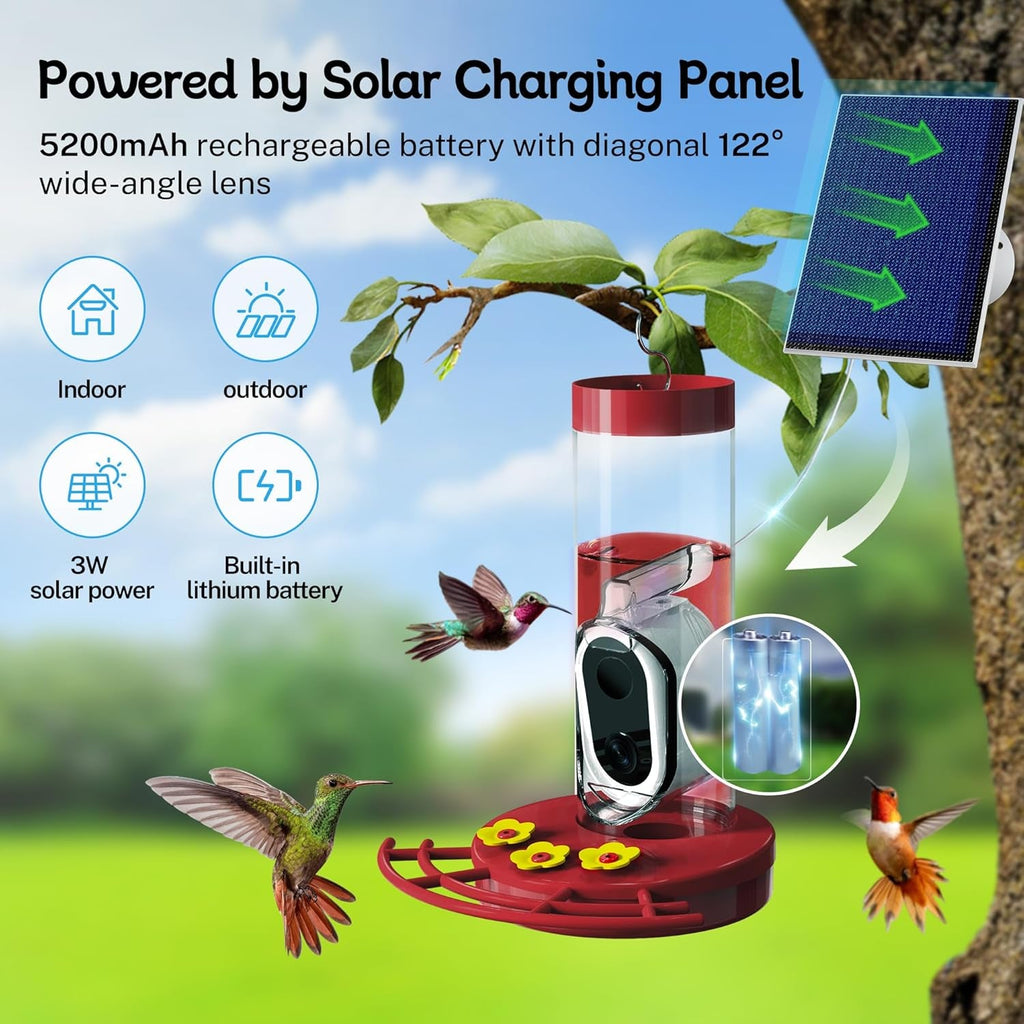 Hummingbird Feeder Camera Solar WiFi Smart AI Motion Detection 20oz