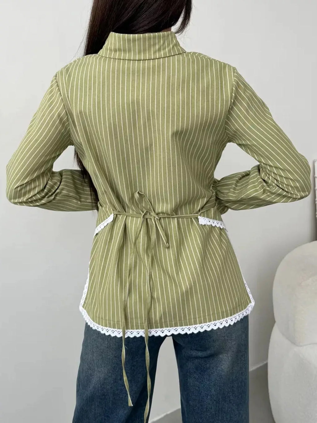 Lace Trim Long Sleeves Striped Shirt