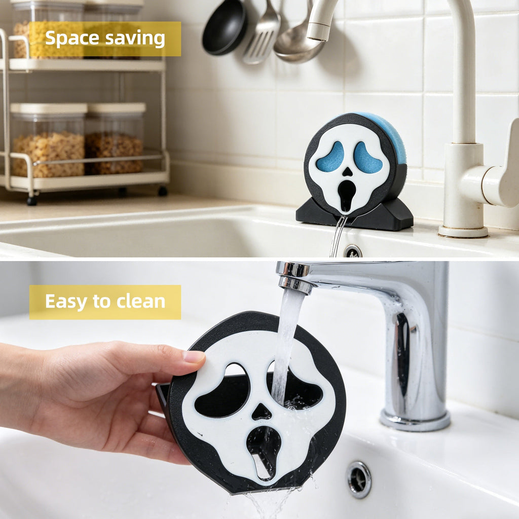 3D Printed Spooky Face Sponge Holder With Drainage Spout, Kitchen Sink Scrubber Organizer, Countertop Dish Sponge Storage Rack For Halloween Home Decor